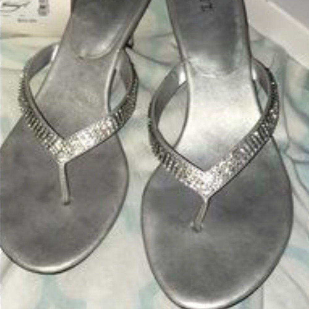 Crystal Kitten Heel Pewter SilverDressy Sandal 8.5